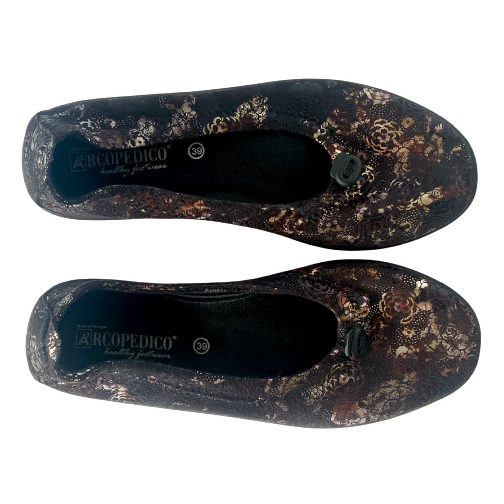 A’rcopedico Metallic Lace Floral Black Slip On Ballet Flats Womens 39EU/8US NWOB